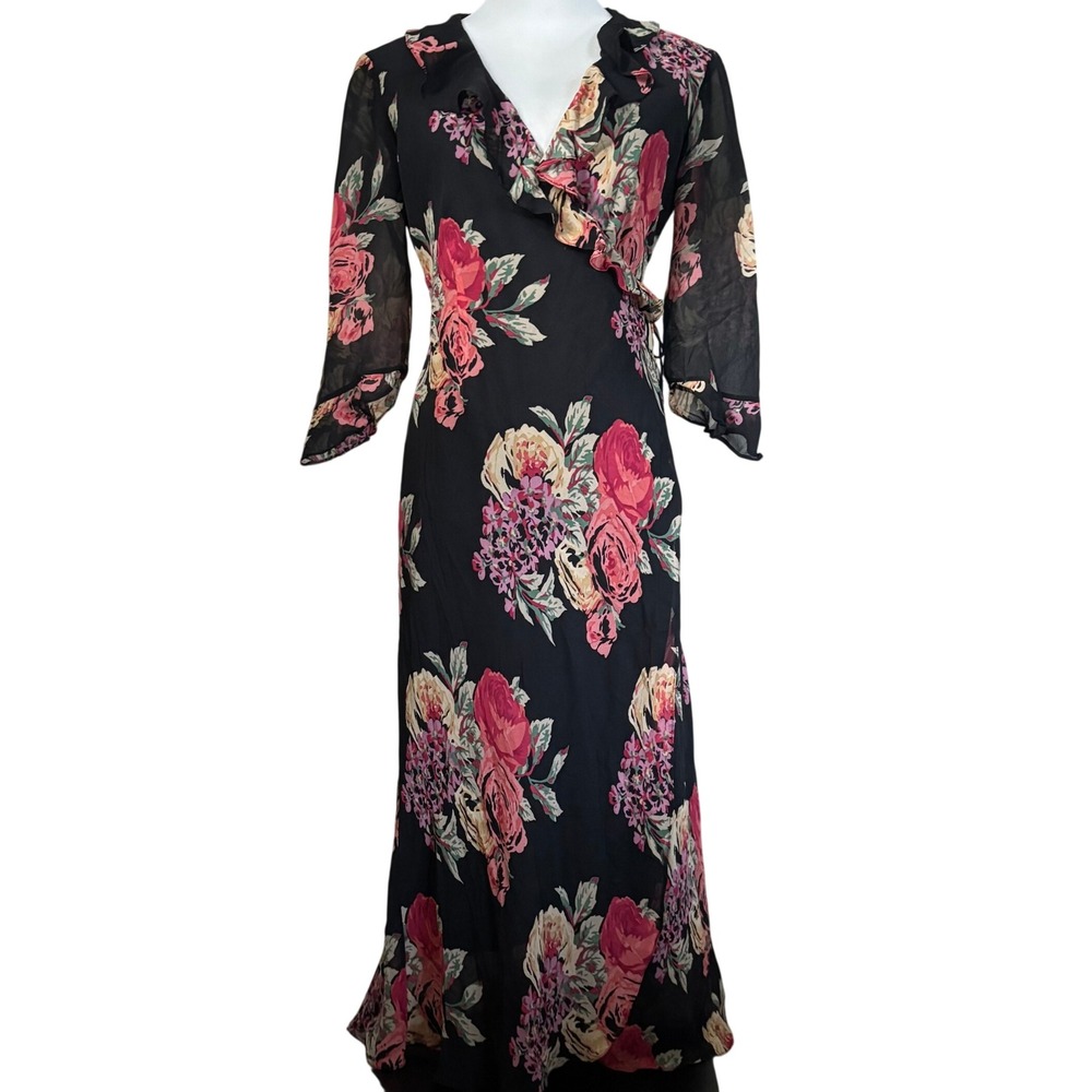 Vtg Lauren Ralph Lauren Silk Chiffon Floral Maxi Wrap Dress Sz 6 Romantic y2k